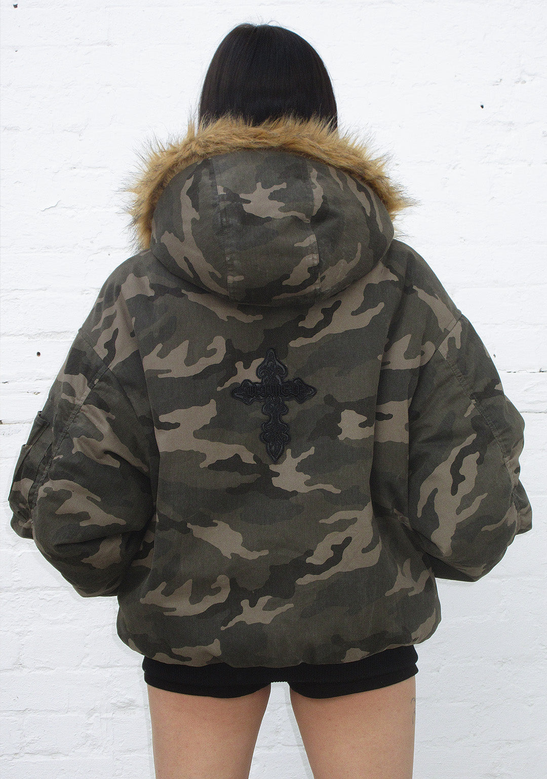 FAUX FUR REVERSIBLE BOMBER JACKET CAMO AND NATURAL