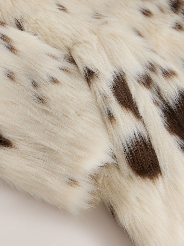 Cream Cow Print Faux Fur Coat
