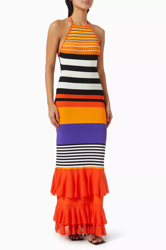 Orange & Black Striped Ruffle Hem Bodycon Gow