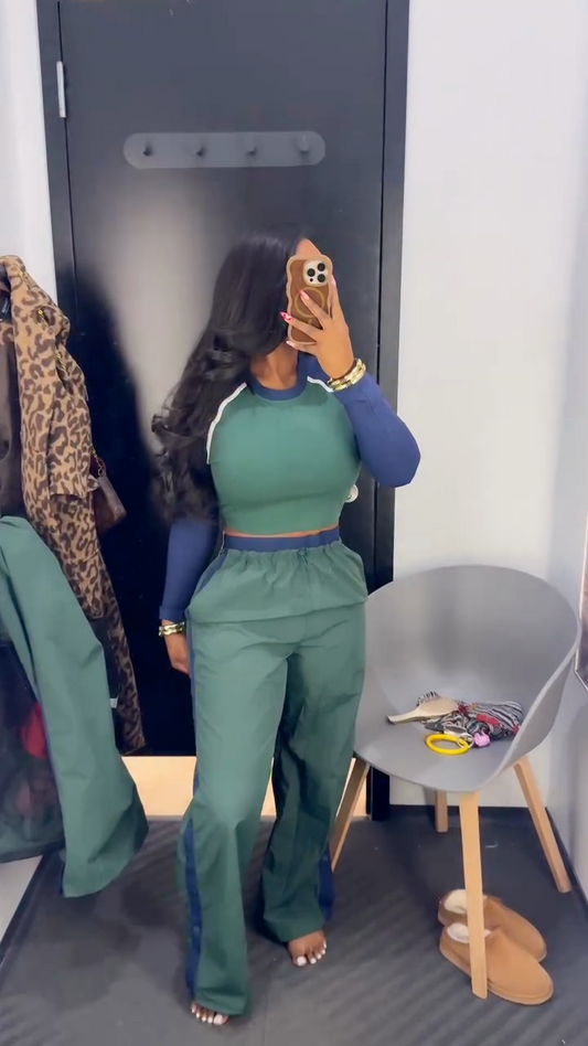 Athleisure Contrast Sleeve Crop Top & Wide-Leg Wind Pants Set