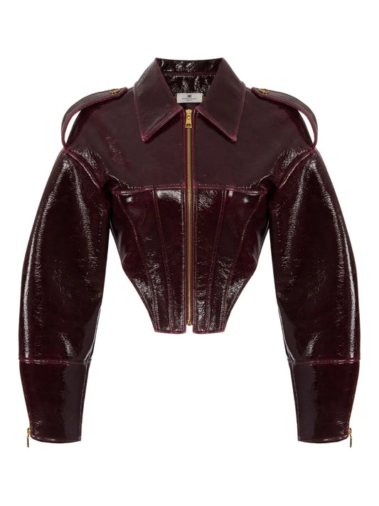 Burgundy Patent Leather Corset Crop Jacket