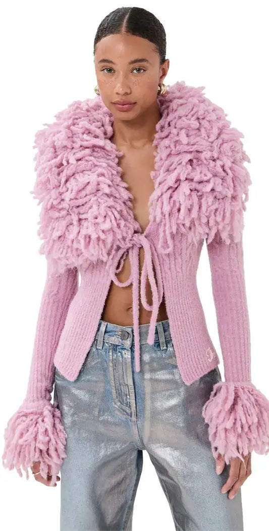 Blush Pink Faux Shearling Collar Tie-Front Knit Cardigan