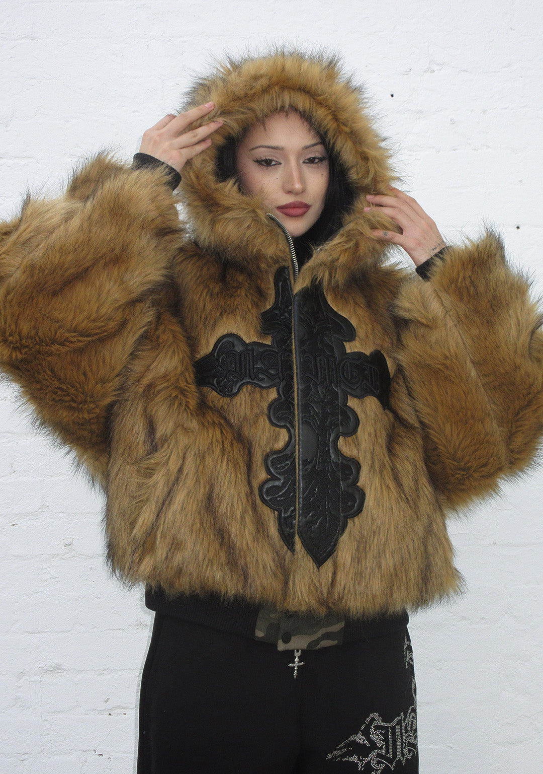FAUX FUR REVERSIBLE BOMBER JACKET CAMO AND NATURAL
