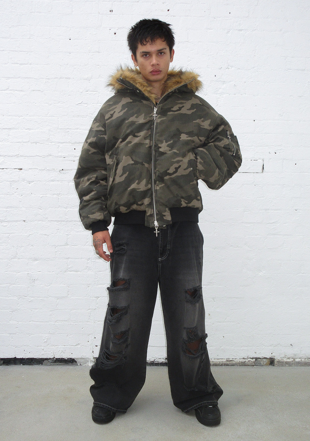 FAUX FUR REVERSIBLE BOMBER JACKET CAMO AND NATURAL