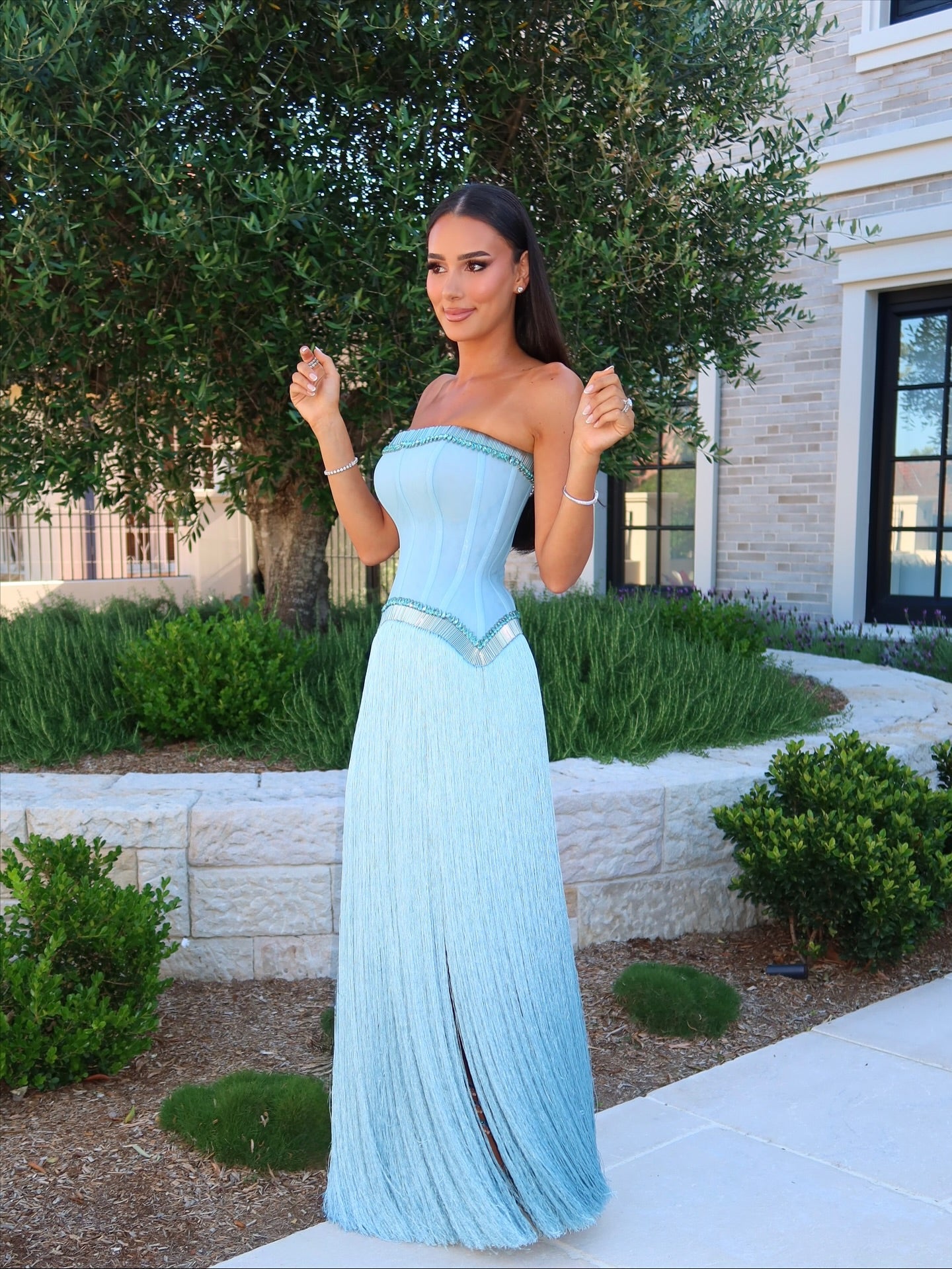 Light Blue Strapless Fringe Corset Gown