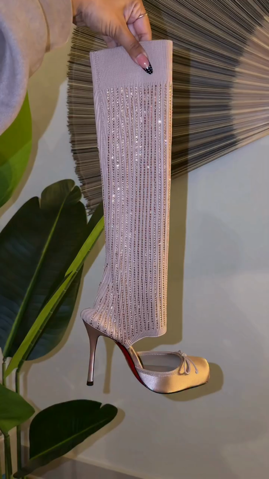 Satin Bow Square Toe Crystal Embellished Sock Boots