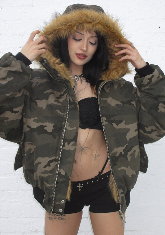 FAUX FUR REVERSIBLE BOMBER JACKET CAMO AND NATURAL