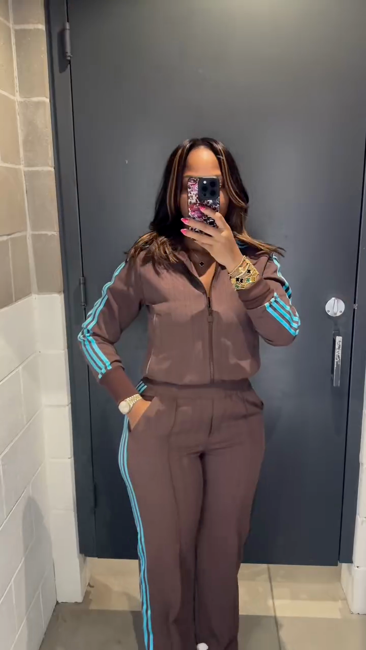 Chocolate Brown Zip-Up Track Set with Turquoise Stripes