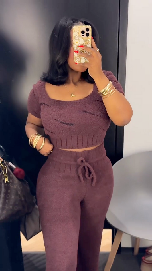 Cozy Plum Fuzzy Knit Loungewear Set