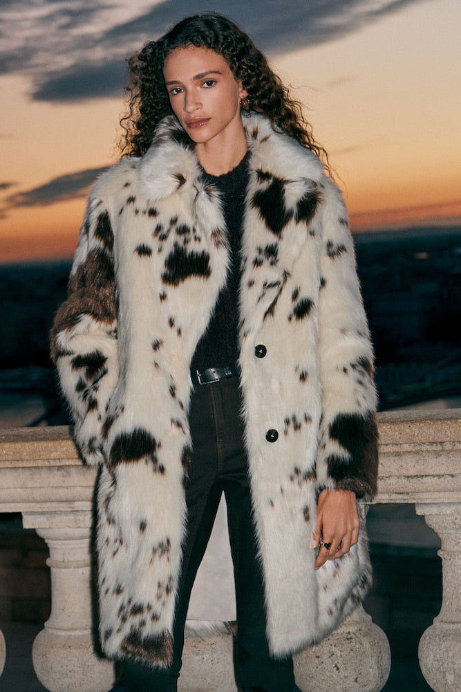 Cream Cow Print Faux Fur Coat