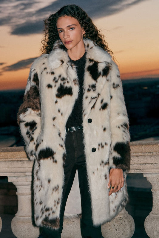 Cream Cow Print Faux Fur Coat