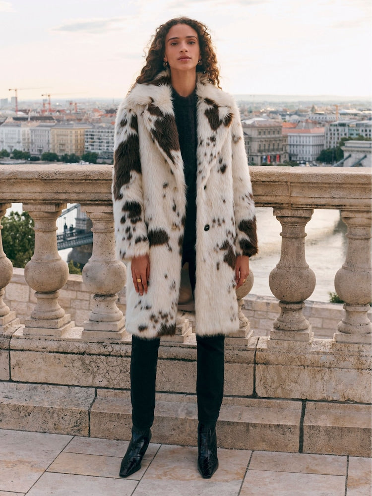 Cream Cow Print Faux Fur Coat