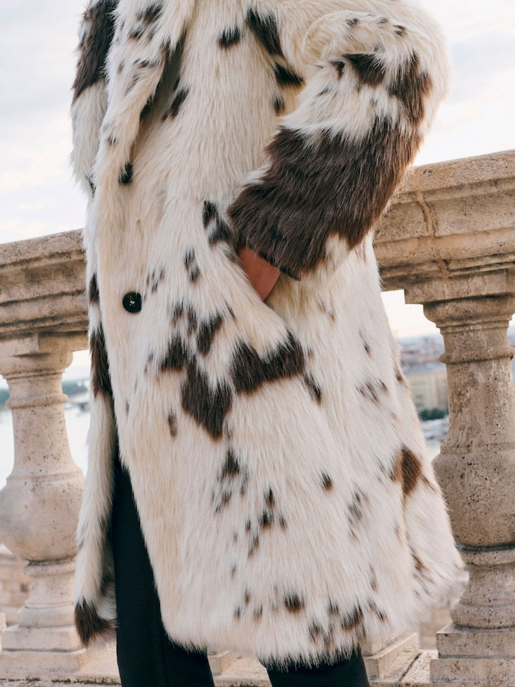 Cream Cow Print Faux Fur Coat