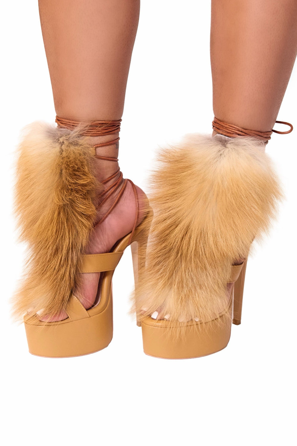 Tan Fur Trim Platform Lace-Up Heels