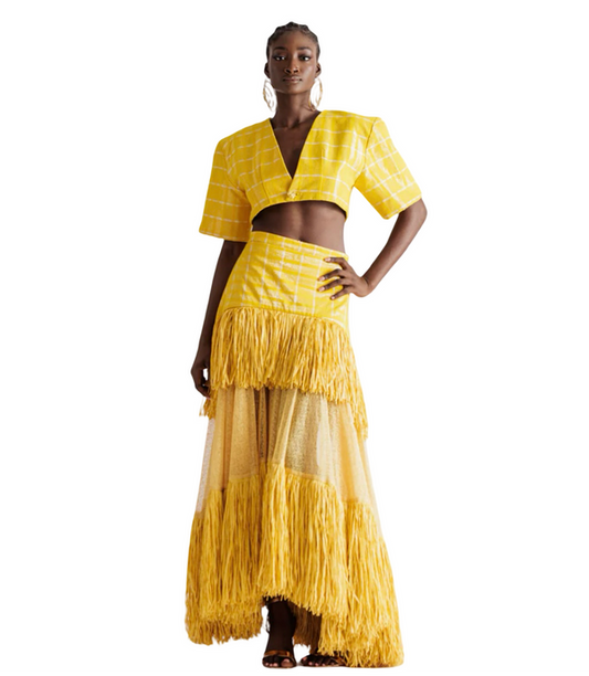 Handwoven Plaid Crop Top & Asymmetric Fringe Skirt Two-Piece