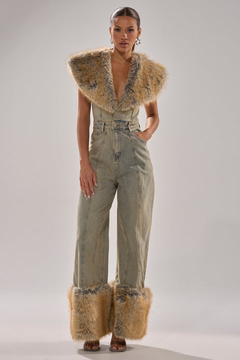 DENIM FUR JUMPSUIT IN VINTAGE BLUE