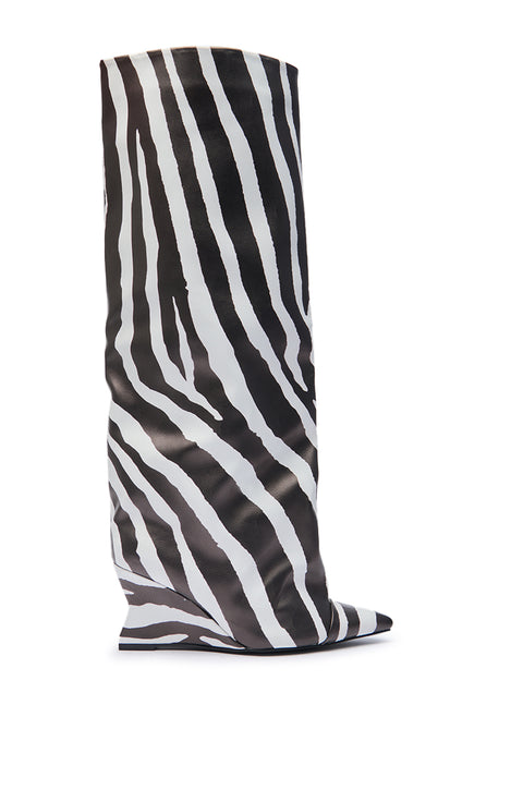 Zebra Print Pointed-Toe Wedge Knee-High Boots