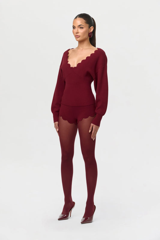 Ribbed-Knit V-Neck Scallop Sweater