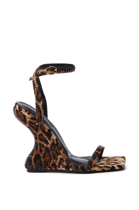 Leopard Print Rhinestone-Embellished Wedge Sandals