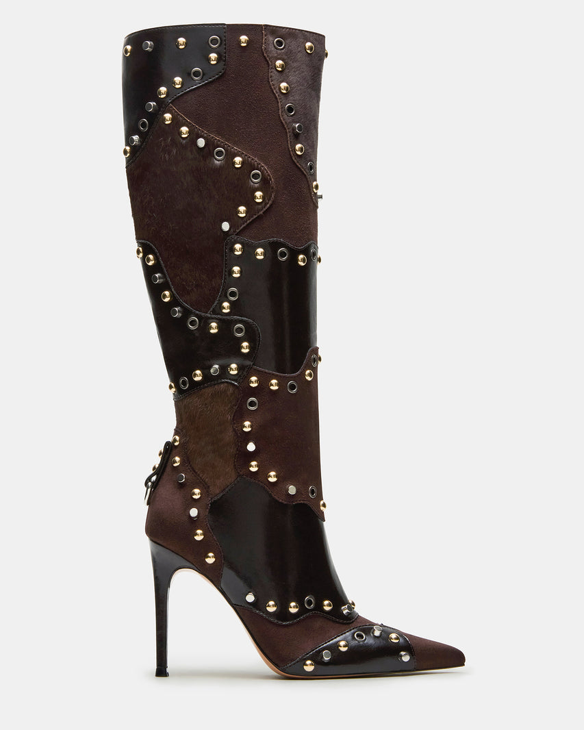 Western-Edgy Studded Patchwork High Heel Boots