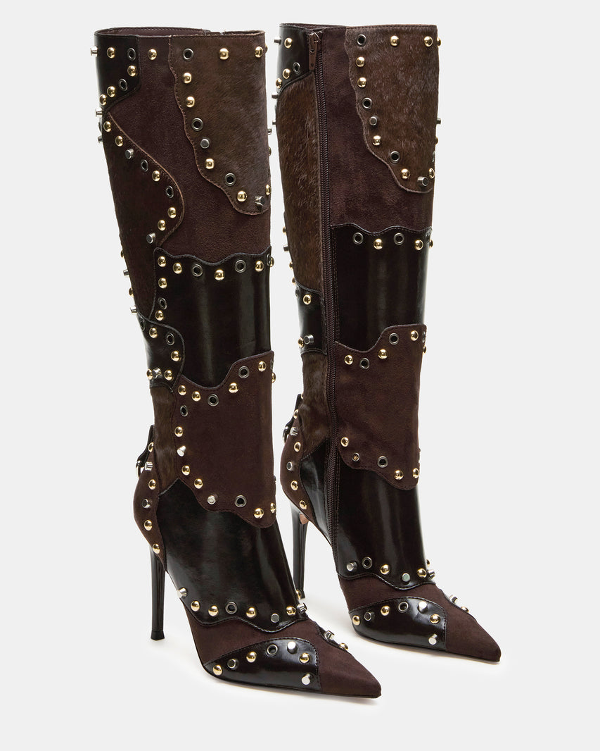 Western-Edgy Studded Patchwork High Heel Boots