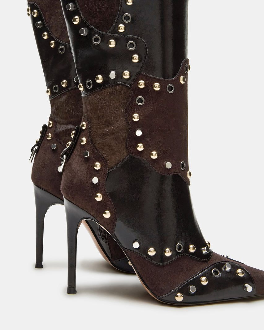 Western-Edgy Studded Patchwork High Heel Boots