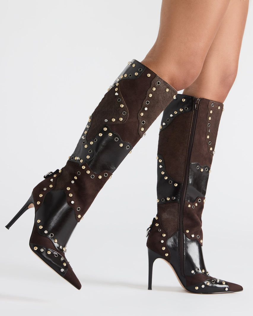 Western-Edgy Studded Patchwork High Heel Boots