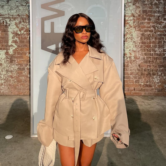 Light Khaki Oversized Cropped Trench Coat