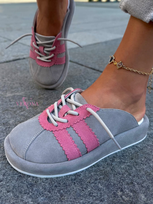 Grey & Pink Suede Mule Sneakers with Scallop Trim