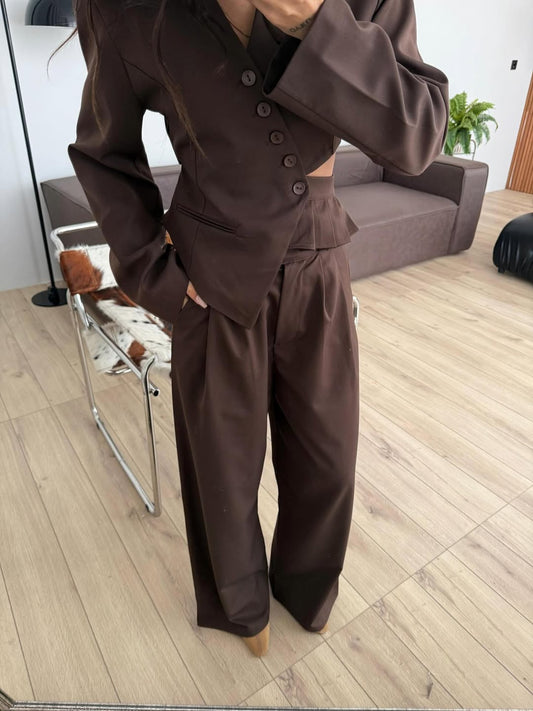 Asymmetric Buttoned Waist-Cinched Brown Blazer Set