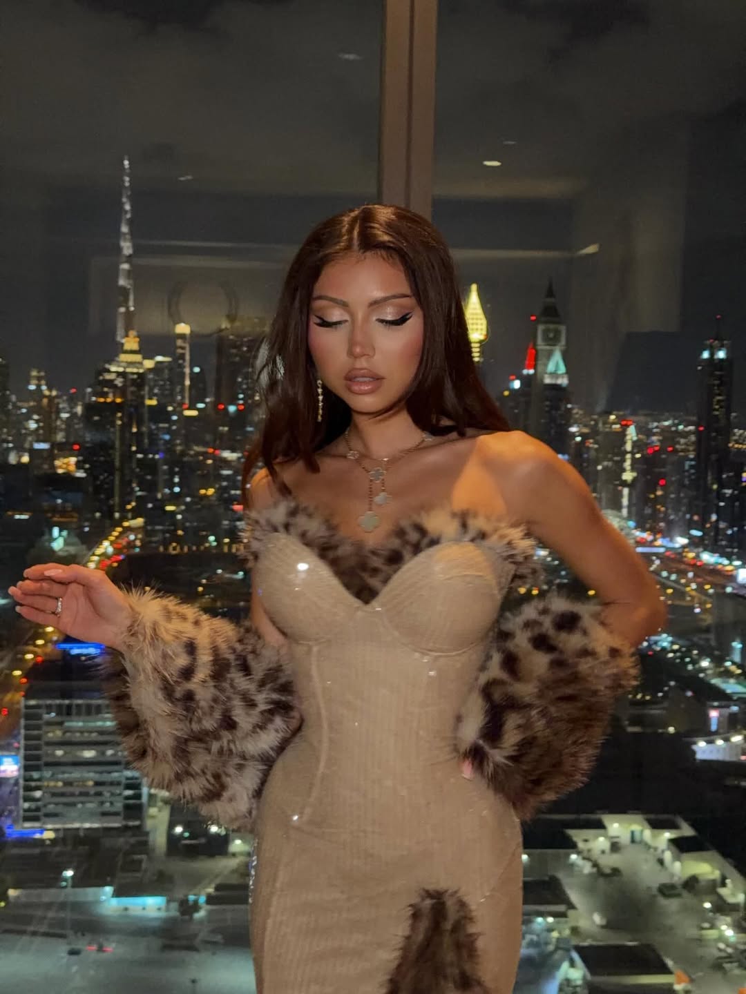 Leopard Print Faux Fur Trim Strapless Bandage Dress