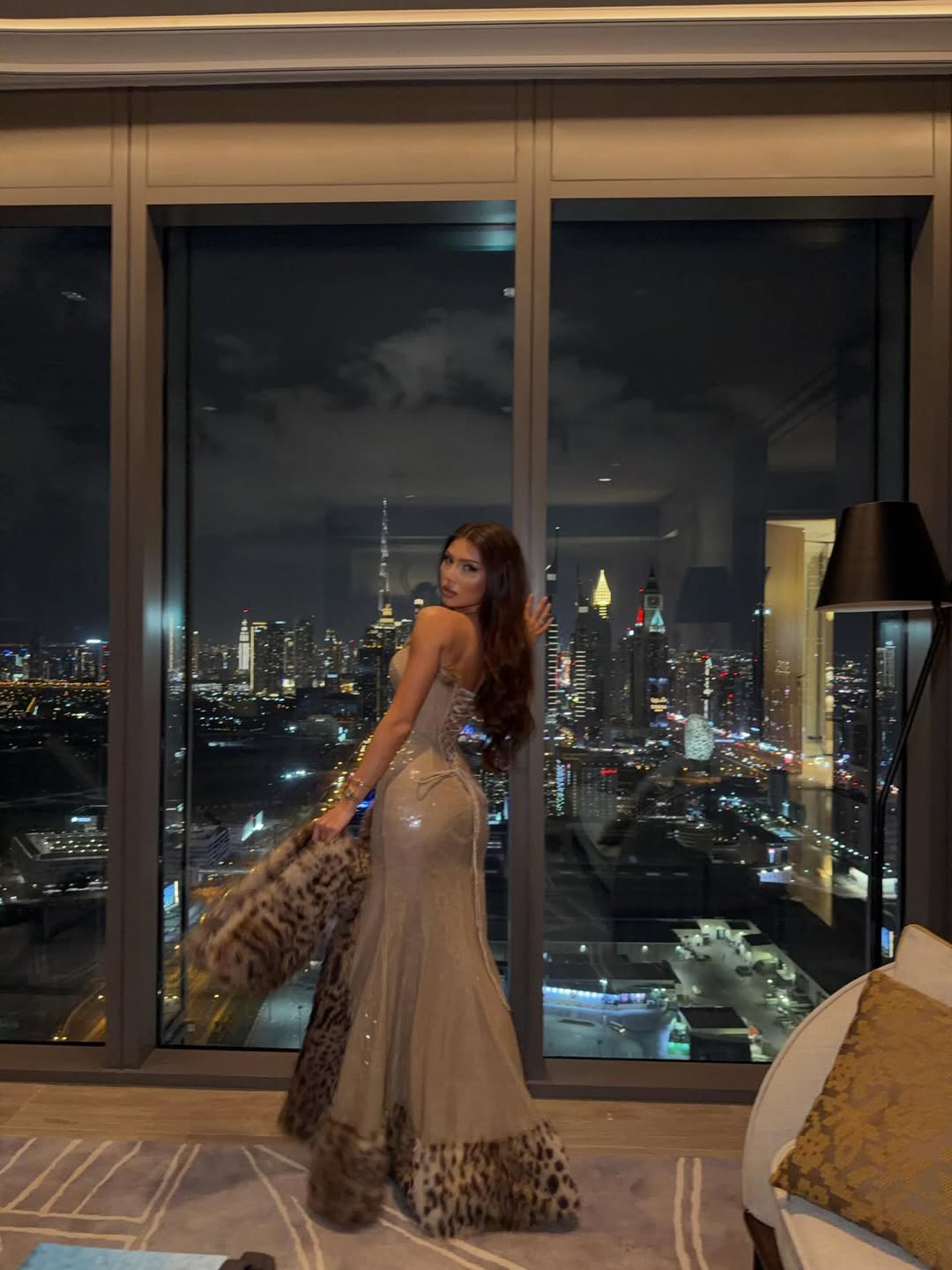 Leopard Print Faux Fur Trim Strapless Bandage Dress