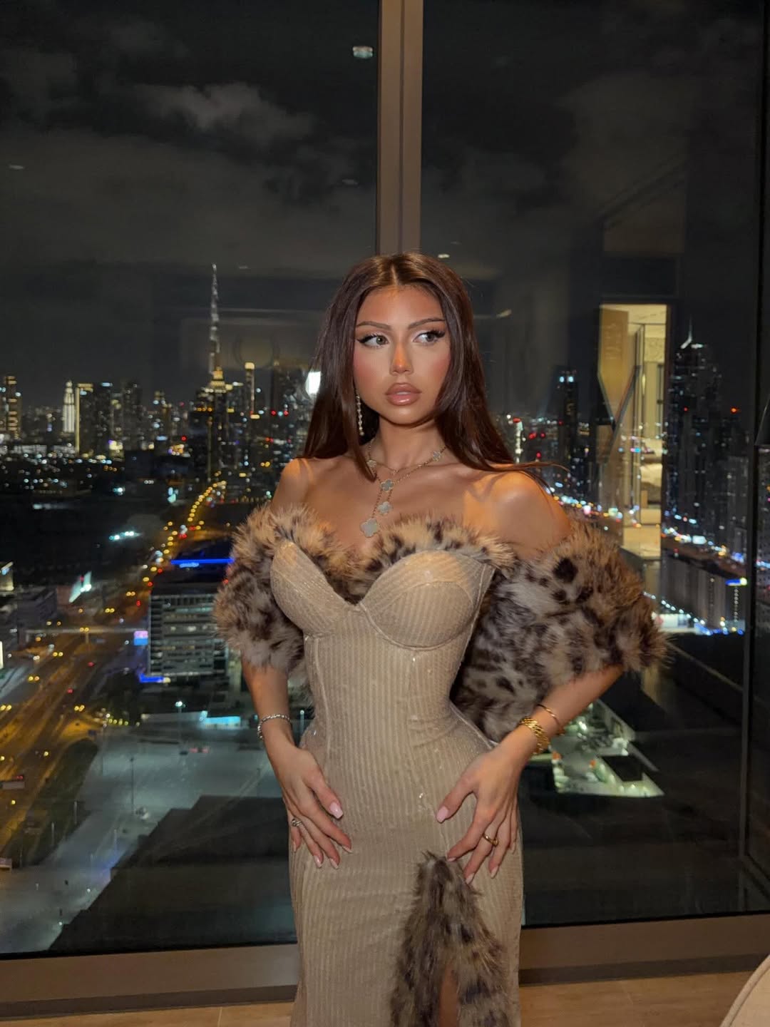 Leopard Print Faux Fur Trim Strapless Bandage Dress