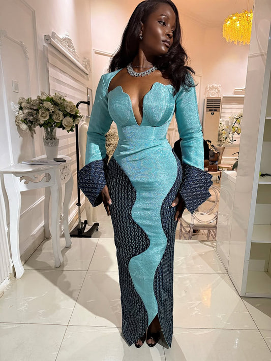 Teal Wave Panel Long Sleeve Bodycon Gown