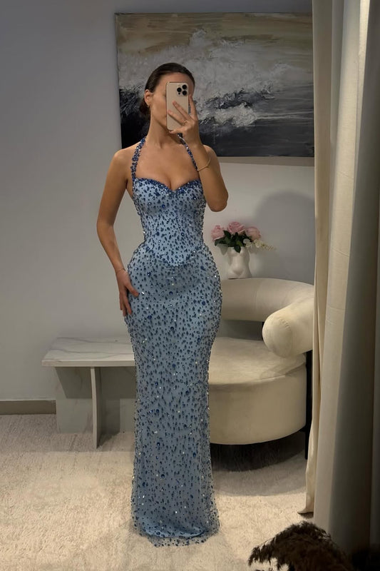 Gradient Blue Crystal-Embellished Halter Mermaid Gown