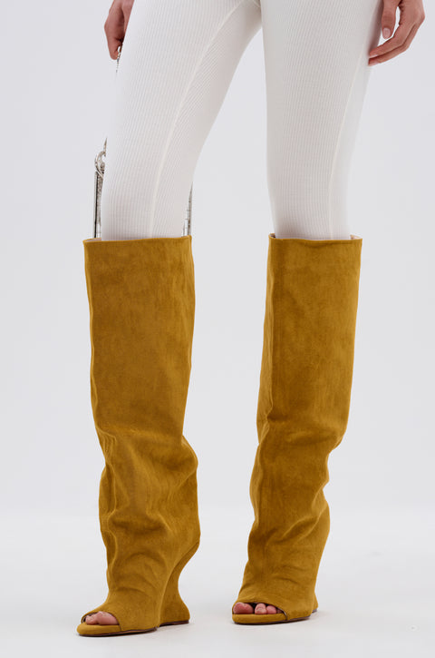 Bold Camel Open-Toe Slouchy Wedge Boots