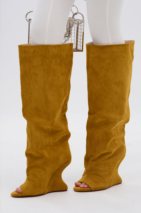 Bold Camel Open-Toe Slouchy Wedge Boots