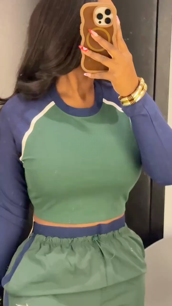 Athleisure Contrast Sleeve Crop Top & Wide-Leg Wind Pants Set