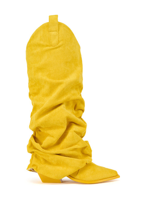Yellow Faux Suede Slouchy Western Cowboy Boots