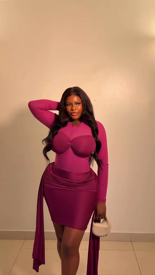 Magenta Mesh Panel Long Sleeve Bodycon Mini Dress