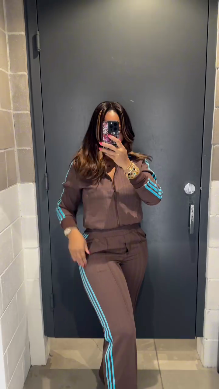 Chocolate Brown Zip-Up Track Set with Turquoise Stripes