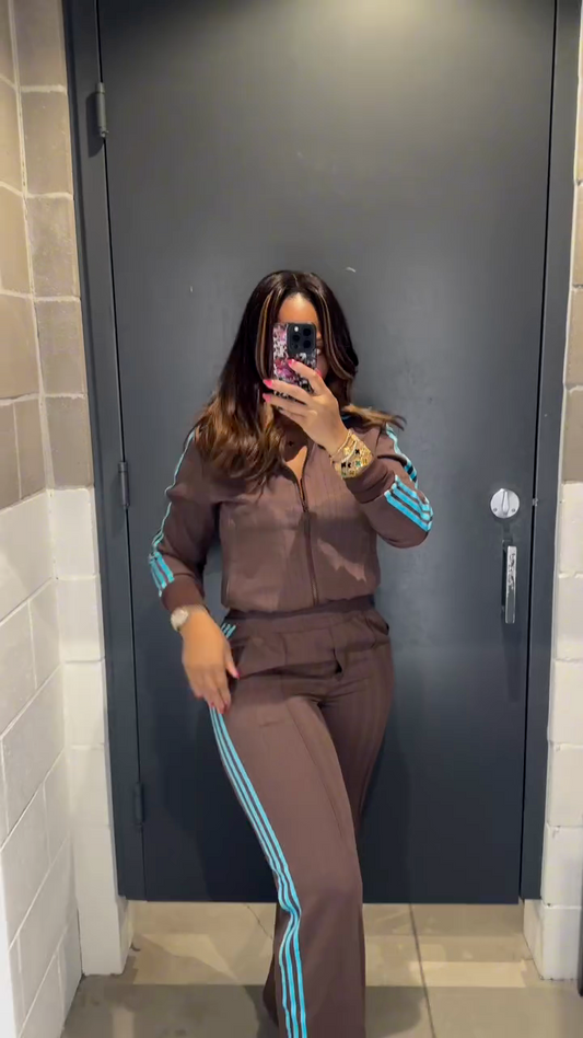 Chocolate Brown Zip-Up Track Set with Turquoise Stripes