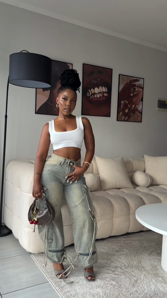 Vintage Wash Cargo Jeans with Drawstring Ankles