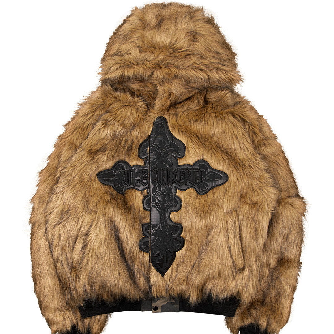 FAUX FUR REVERSIBLE BOMBER JACKET CAMO AND NATURAL