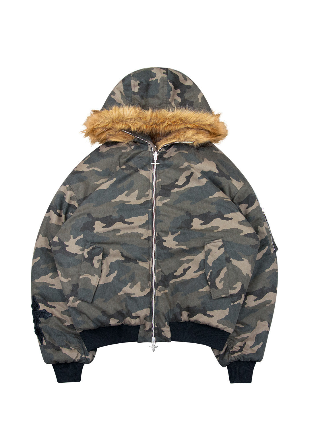 FAUX FUR REVERSIBLE BOMBER JACKET CAMO AND NATURAL