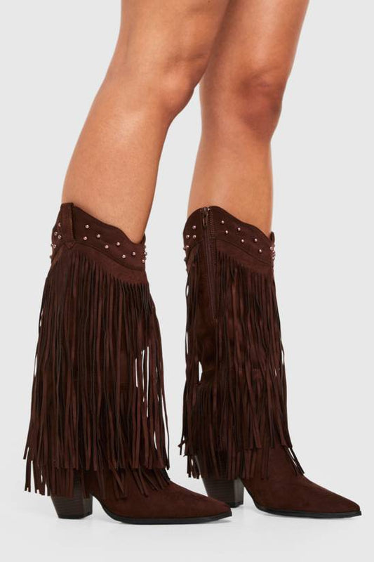 Faux Suede Studded Tassel Western Boots