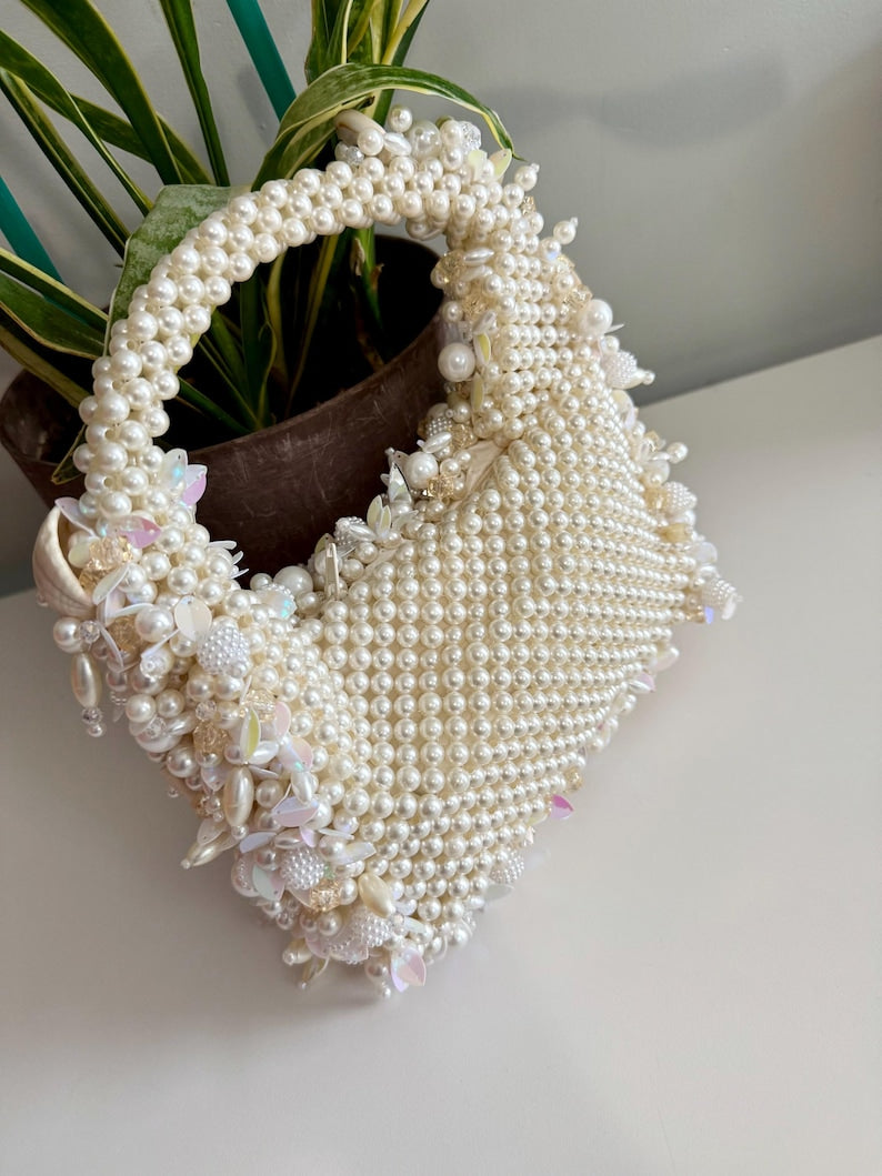 Handmade Pearl Beaded Bag Cowrie Shell & Sequin Clutch