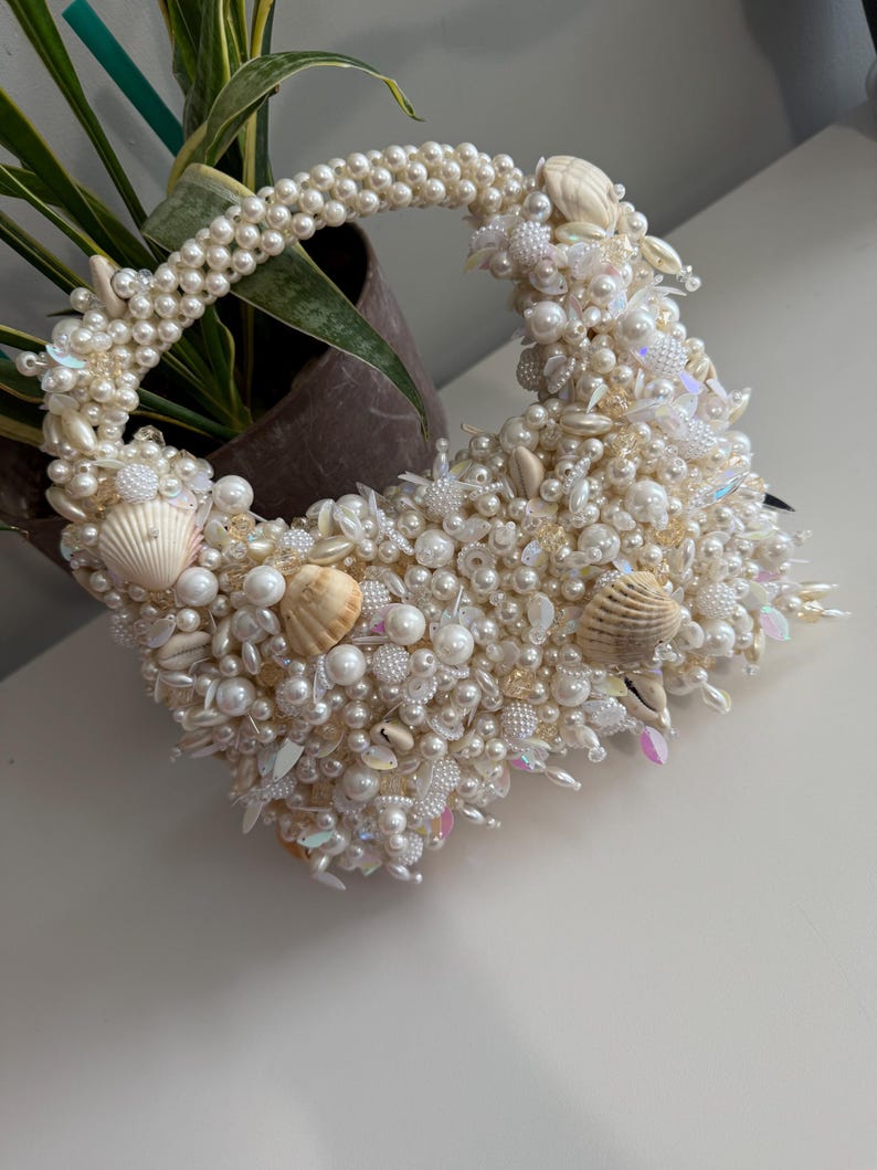 Handmade Pearl Beaded Bag Cowrie Shell & Sequin Clutch