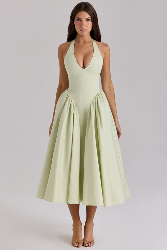 Pistachio Cotton Halter Midi Sundress