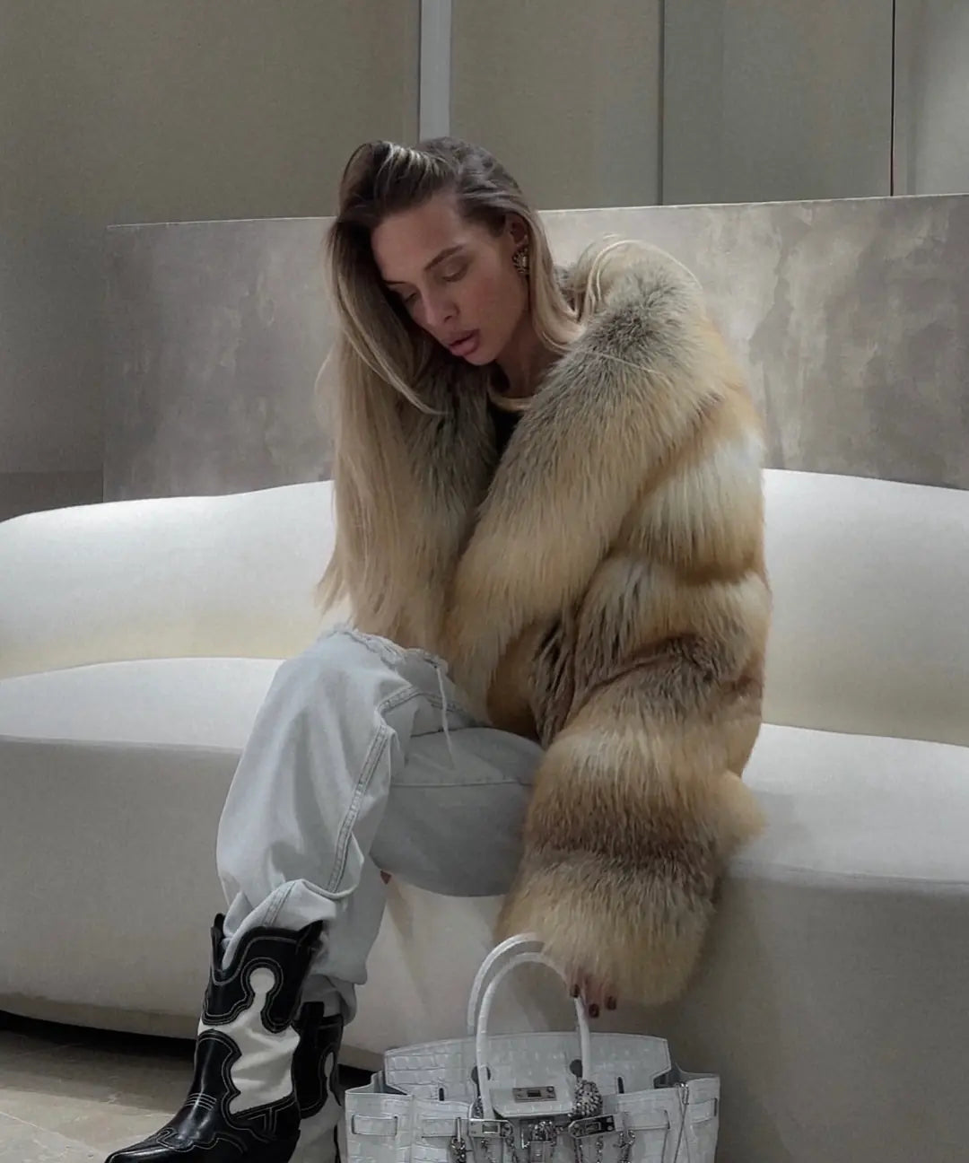 Ombré Beige Fox Fur Cropped Jacket